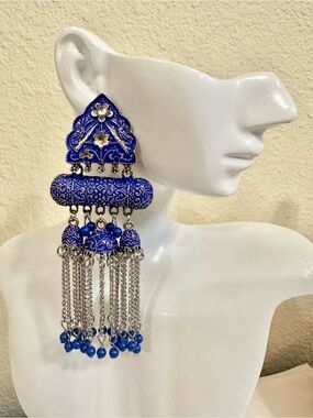 Blue Enamel Long Chandbali Earrings with Silver Chains - Women Jewelry